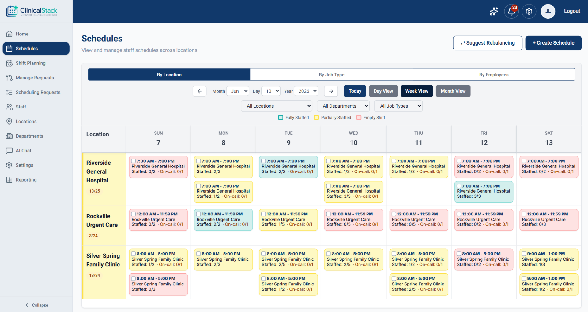 ClinicalStack staff schedule calendar showing weekly shifts color-coded by staffing status across three clinic locations