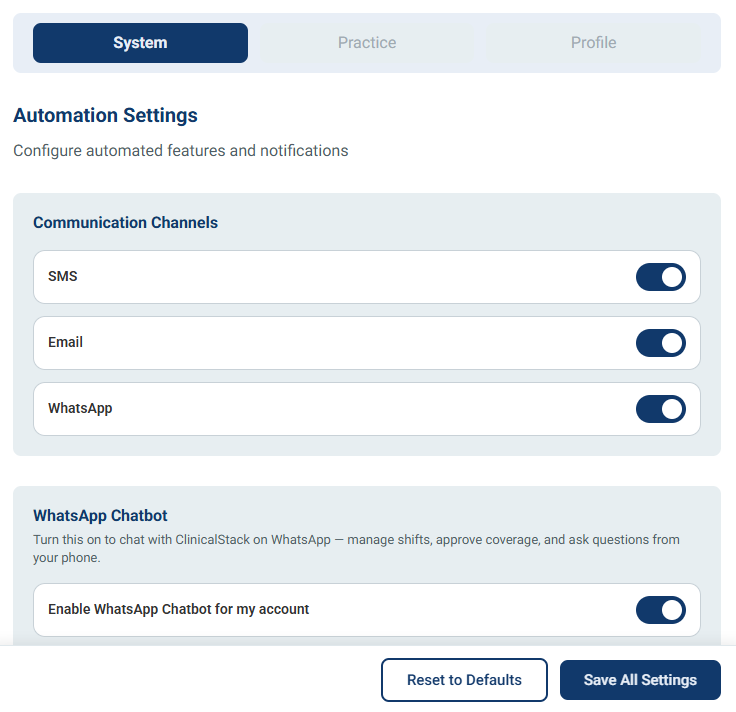 Settings page with automation toggles for shift swap approvals, time-off, and overtime rules
